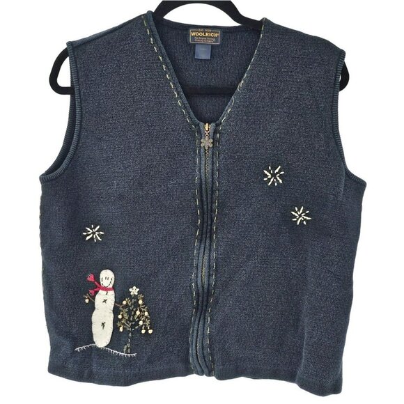 Woolrich Snowman Sweater Vest Black Christmas Appliqué Zip Snowflakes Vintage - Picture 1 of 11